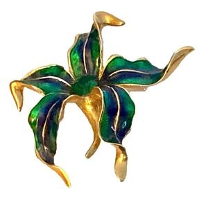 Vintage Enamel Lily Flower Brooch Pin Gold Tone Green Blue Large 2" Mardi Gras